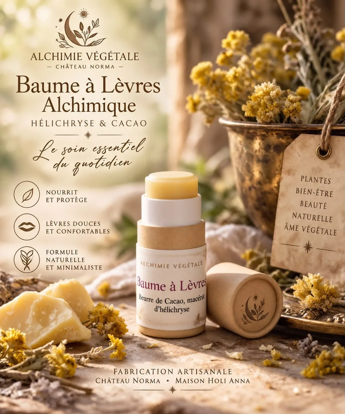 Baume à lèvres alchimique hélichryse et cacao dans son étui carton, entouré d’immortelles