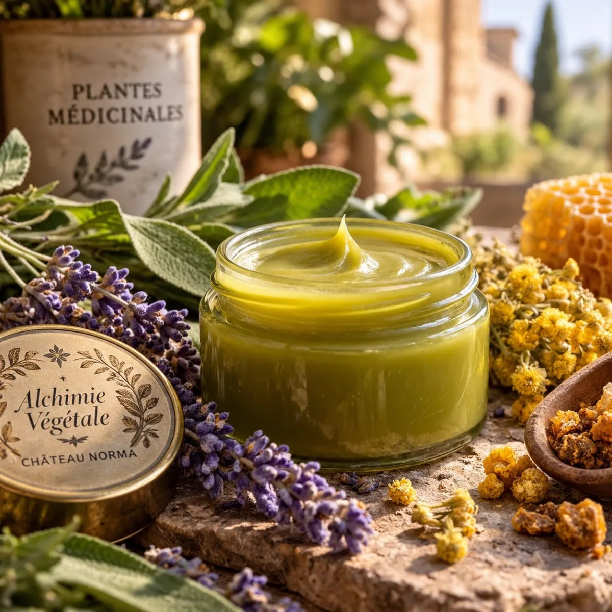 Pot de baume Alchimie Végétale du Château Norma entouré de lavande, sauge et immortelle