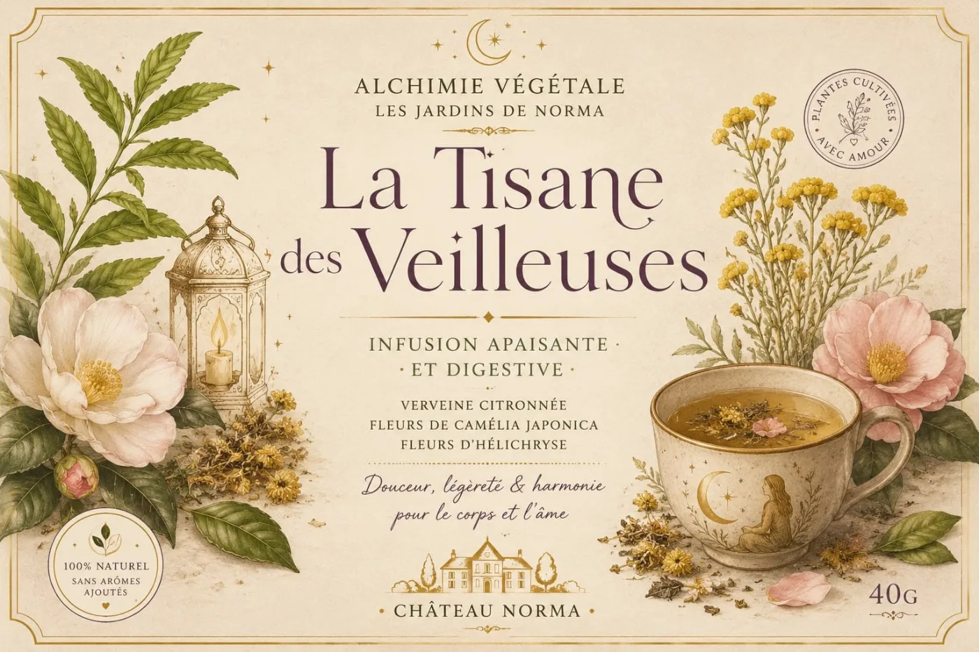 Étiquette de la Tisane des Veilleuses, infusion apaisante et digestive du Château Norma